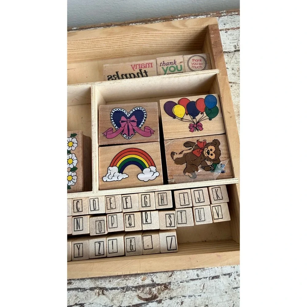 Melissa & Doug Wooden Rubber Stamp Set Alphabet Rainbow Butterfly Hearts